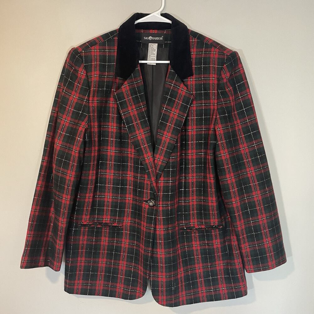 Vintage Sag Harbor Sz 16W Red Green Tartan Plaid Blazer Jacket Wool Blend